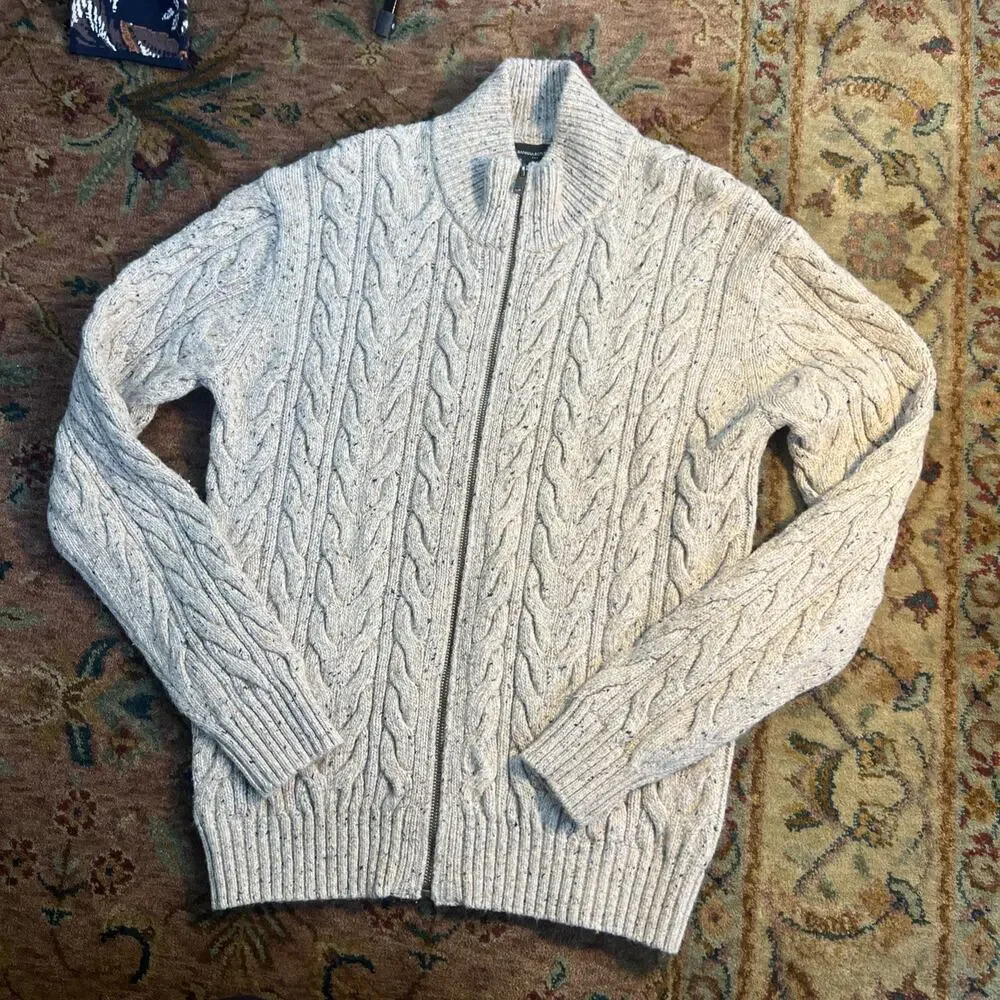Banana Republic Wool Cable Knit Beige Speckled Zip Cardigan Men Small Fisherman